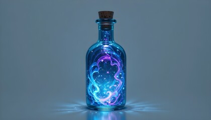  
Magic potion bottle, elegant glass vial with glowing liquid inside, swirling mystical colors (blue, purple, green) emitting soft radiant light, reflections on the glass surface, subtle magical spark