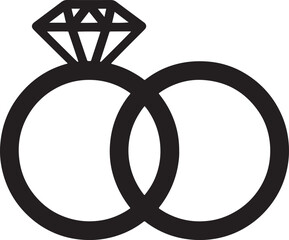 A simple black graphic of two interlocking wedding rings with diamond