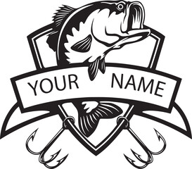 A black and white illustration of a fish with a fishing hook and a banner for a name
