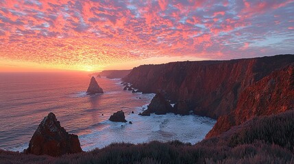 Stunning coastal panorama showcases rocky cliffs under a fiery sunset sky