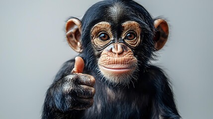 Young chimpanzee giving thumbs up gesture with expressive eyes and friendly smile on neutral background for wildlife and animal content.
