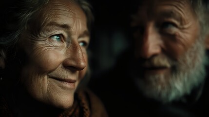 Happy elderly Caucasian couple sharing intimate moment together, warm lighting creates romantic atmosphere for relationship and love concepts.