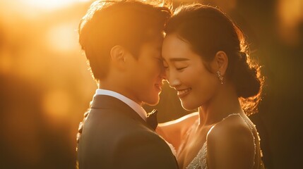 Romantic couple sharing intimate moment during golden hour sunset, bride and groom embracing tenderly, warm sunlight creating dreamy wedding photography atmosphere.