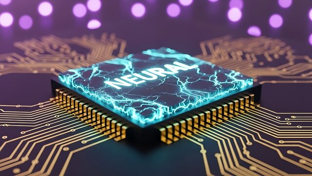 Neural network processor chip on circuit board with glowing connections - Powered by Adobe