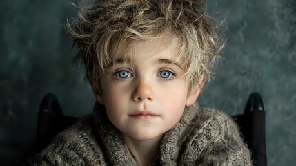 Young blonde boy with tousled hair and blue eyes wearing cozy knit sweater looking directly at camera with innocent expression against textured background.