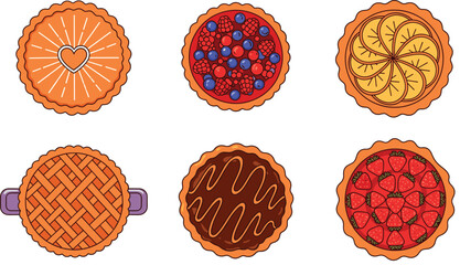 Delicious fruit and berry pie collection featuring strawberry blueberry raspberry orange chocolate and lattice crust designs for bakery menu and flat vector. © Aminul