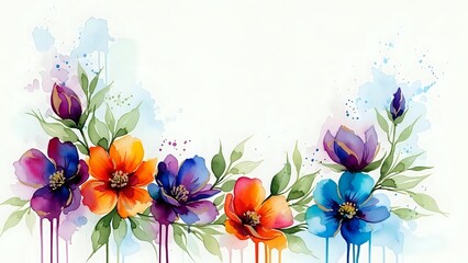 Obraz premium Watercolor floral border with vibrant purple, orange and blue flowers on white background. Artistic botanical design for spring decorations and crafts.