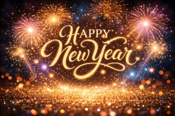 Festive &ldquo;Happy New Year&rdquo; lettering in gold with sparkling fireworks