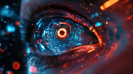 Futuristic digital eye with glowing circuitry and data interface effects