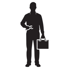   Professional technician silhouette carrying tools and a briefcase ready for service