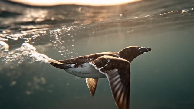 Underwater flight of a razorbill seabird in clear ocean waters