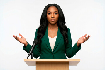 Young woman politician or business professional speaking at podium with microphone, gesturing with hands outstretched