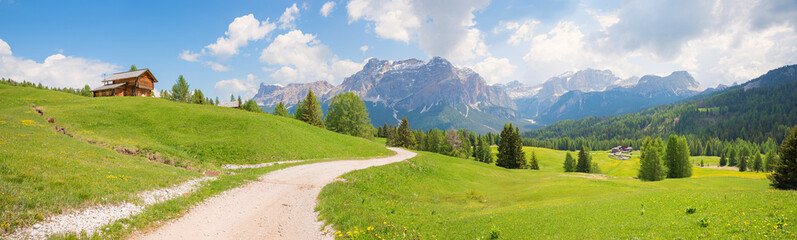 hiking at high plateau around Piz Sorega, panoramic landscape Dolomites alps