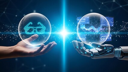 Human vs AI technology concept with robotic hand and human hand