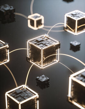 Glowing Abstract Cubes Connected with Light Threads on Dark Gradient Background, Minimal Futuristic Technology Network Concept for Modern Digital Design