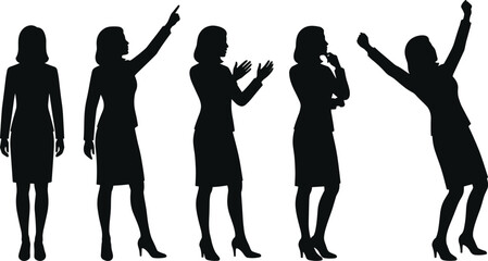 Businesswoman silhouette collection displaying multiple professional gestures and confident poses, leadership communication concept, corporate body language illustration isolated © Nurul