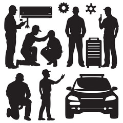  Professional service technician and mechanic silhouettes with tools and a service vehicle