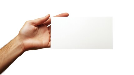 Obraz premium A male hand with a light skin tone delicately holds a pristine blank white rectangular card, perfect for customizable content, against an isolated pure white background.