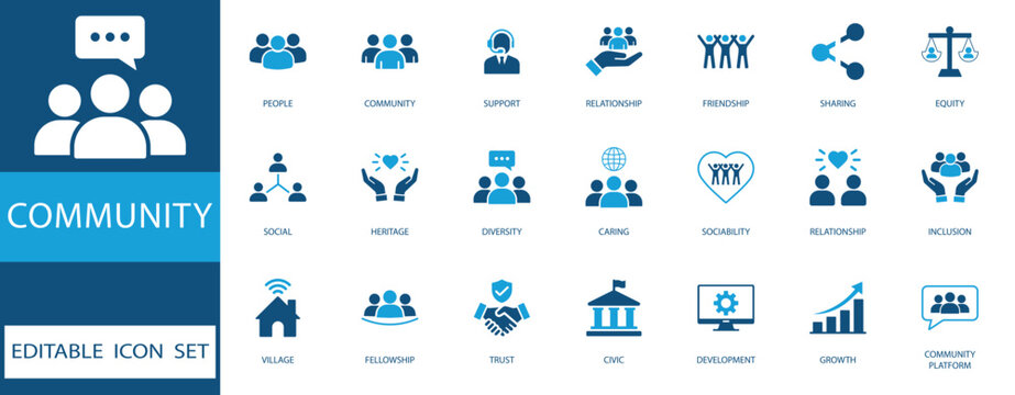 community icon set. Symbols of teamwork, diversity, inclusion, support, and partnership for  Scalable vector illustration.