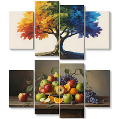 Colorful Tree and Fruit Still Life Canvas in Two Panels autumn blue leaves
