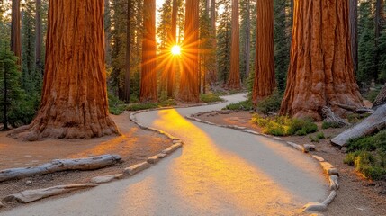 Sunlit path through giant sequoia trees