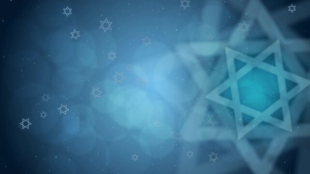 Star of David floating on blue bokeh background with sparkles motion graphics HD video