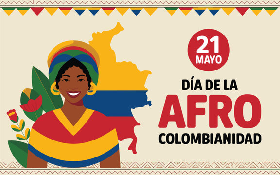 Celebration of Afro Colombian Day featuring a smiling woman in traditional dress with the Colombia map