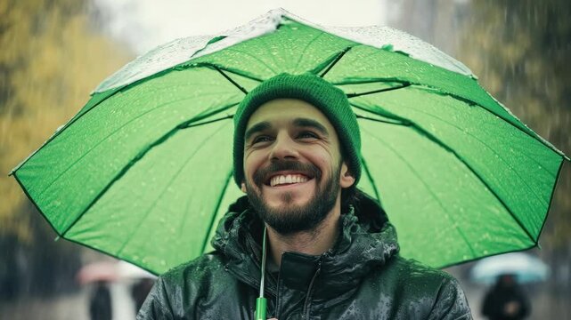 A man smiling with a green umbrella, showing happiness despite the rainy weather.