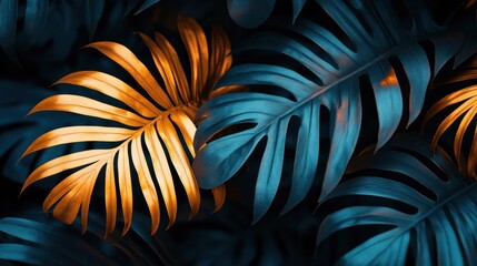 Tropical foliage, vibrant gold and deep teal