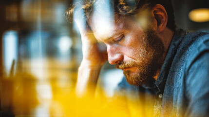 Thoughtful man with beard sitting indoors looking down with hand resting on his head in a pensive and reflective mood through a softly lit window pane