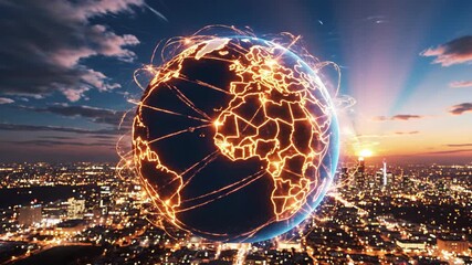 Global network connections digital globe over cityscape at sunset - Powered by Adobe
