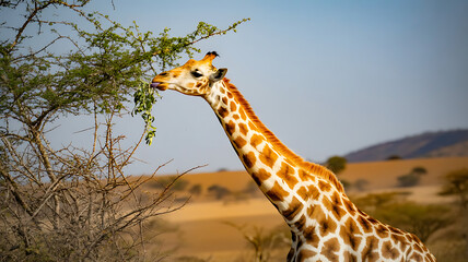 Tall giraffe eating green leaves from a tree in a savanna landscape