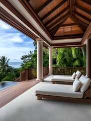 Obraz premium Luxury tropical resort terrace with wooden ceiling beams, white lounge chairs, infinity pool and ocean view for vacation and hospitality design.