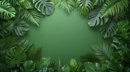 Tropical leaf frame on green background