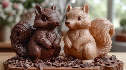 Two chocolate squirrels, side-by-side, on a bed of chocolate shavings