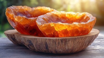 Two polished, amber-colored, intricately textured bowls resting on a wooden platter