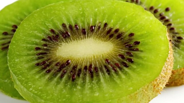 This vibrant, extreme close-up video showcases the intricate details of freshly sliced kiwi fruit, highlighting its lush green flesh, tiny dark edible seeds arranged around a lighter core, and the sli