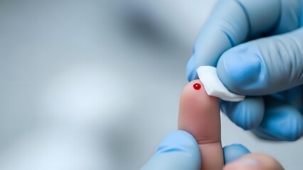 Medical professional in blue gloves performing blood glucose test with lancet device on patient finger for diabetes monitoring and healthcare diagnosis.