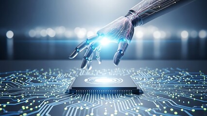 Robotic hand interacts with glowing microchip on circuit board