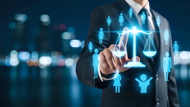 Professional businessman touching digital justice scales with human icons representing legal technology and corporate law services in modern office.