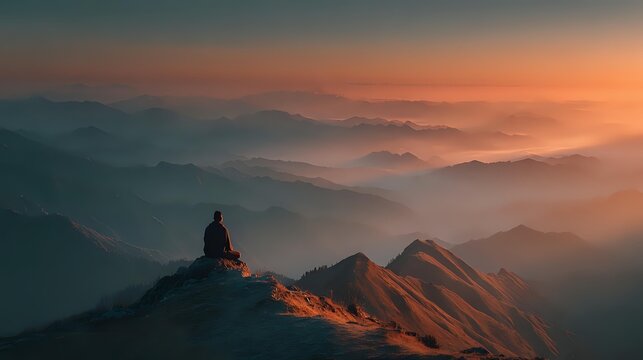 Solitary hiker silhouette sitting on mountain peak at sunrise with layered misty valleys and warm golden light illuminating dramatic landscape for adventure travel. - Powered by Adobe