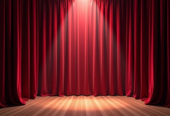 Red theater curtain. Background or wide shot. Front view. Spotlight shining from above