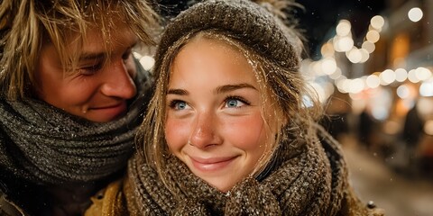 Young couple enjoying romantic winter evening outdoors with warm knit scarves and cozy atmosphere. Holiday season romance and togetherness concept.
