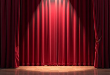 Red theater curtain. Background or wide shot. Front view. Spotlight shining from above