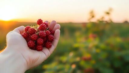 Fresh red raspberries in cupped hands at sunset with berry farm field background. Organic fruit harvest concept for healthy eating and agriculture.