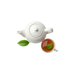 Overhead view of tea pot cup and leaves
