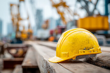Yellow protective helmet resting on wooden planks at an active industrial construction site with cranes and heavy machinery in the blurred background