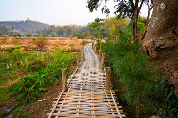 Obraz premium The winding Kho Ku So Bamboo Bridge stretching across dry rice paddies in Pai, Northern Thailand
