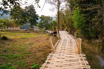 Fototapeta premium The winding Kho Ku So Bamboo Bridge stretching across dry rice paddies in Pai, Northern Thailand