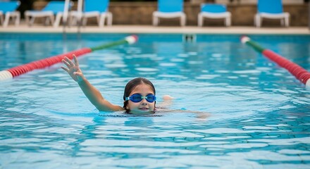 A young girl, wearing goggles, happily swims in a pool with lane markers, raising her arm. Poolside chairs are in background